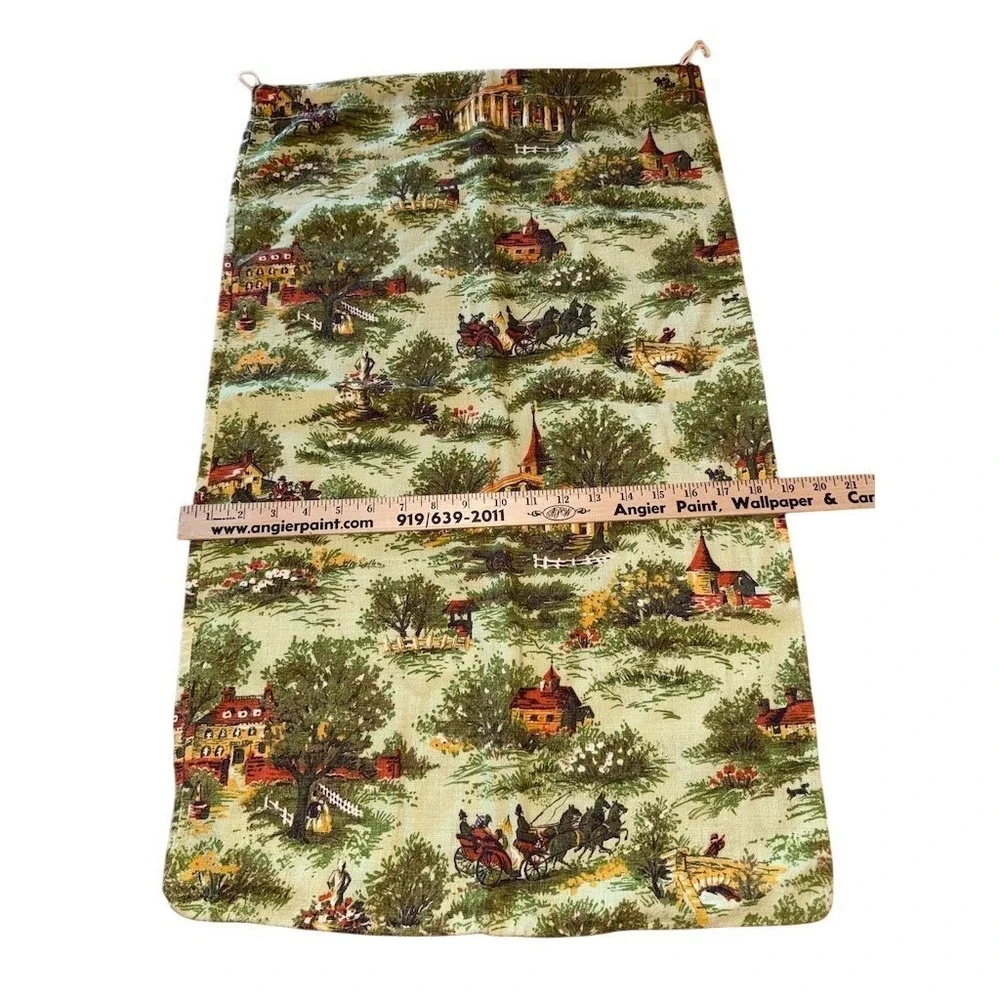 Vtg Toile Scenic‎ Drawstring Laundry Bag Large 31x19 linens hamper countryside